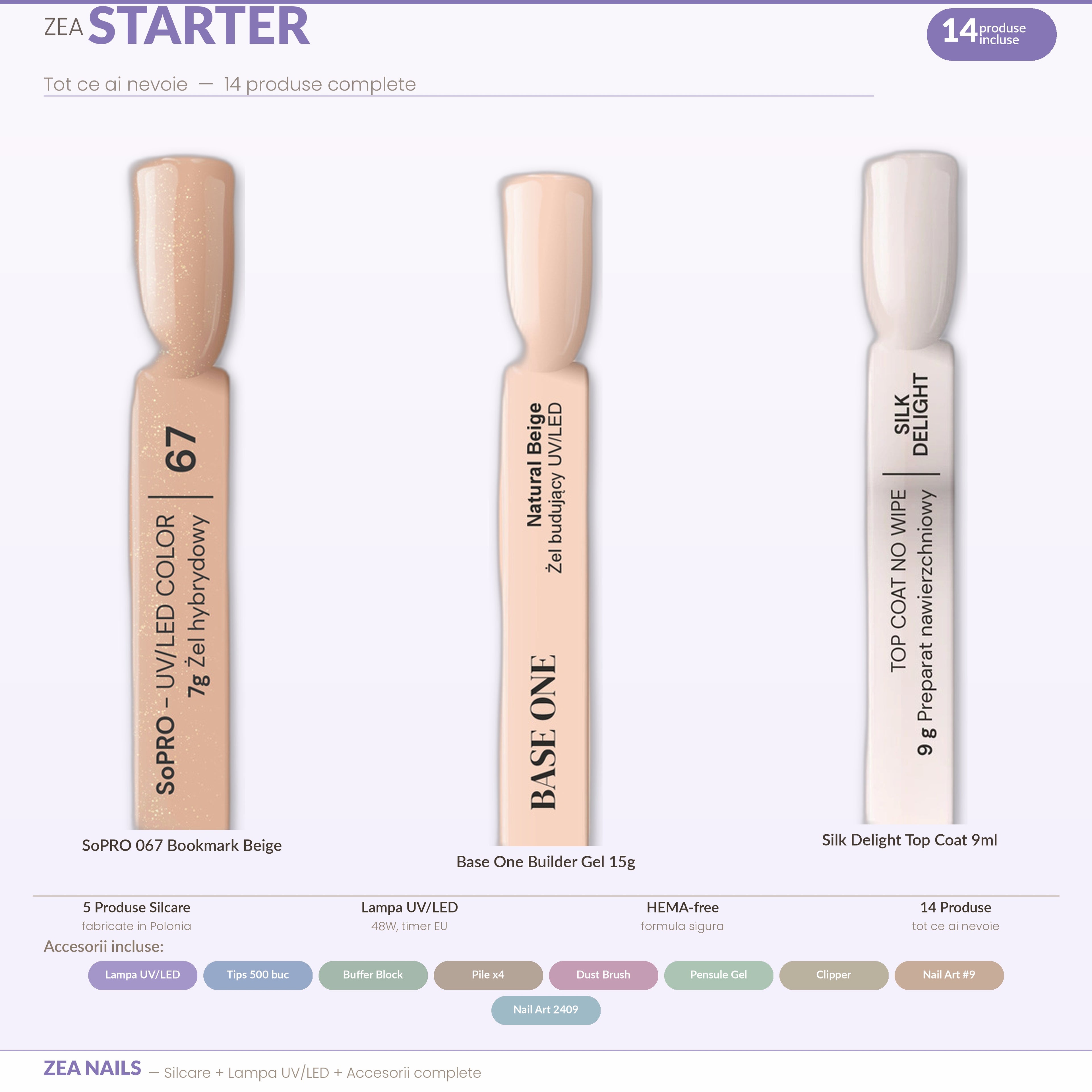 ZEA STARTER — Kit complet 14 produse: Silcare, lampa UV/LED si accesorii